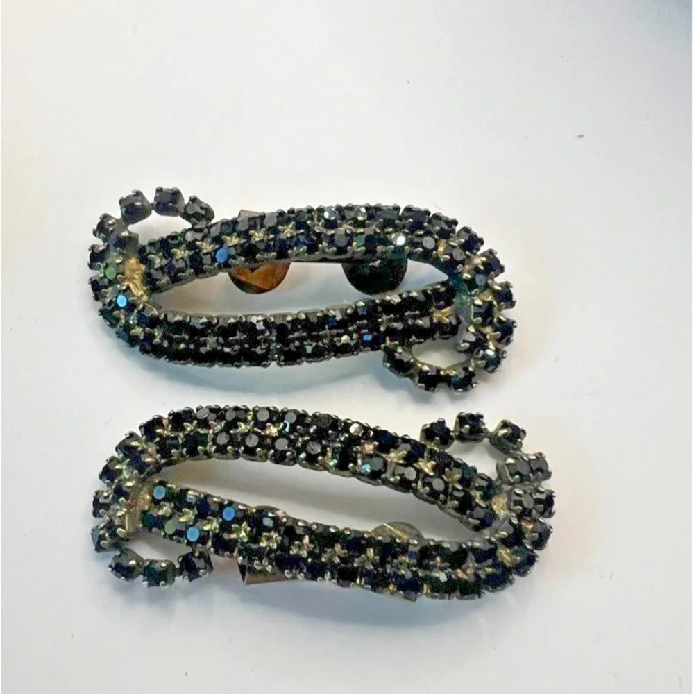 Vintage MUSI Black Rhinestone Shoe Clips‎ 1950s Mid Century Glam Accessory MCM
